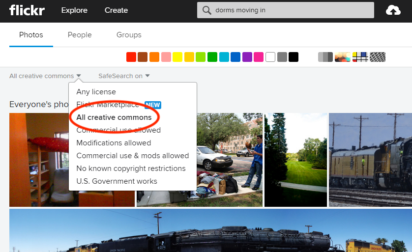 Example flickr advanced search with dropdown menu showing Creative Commons license