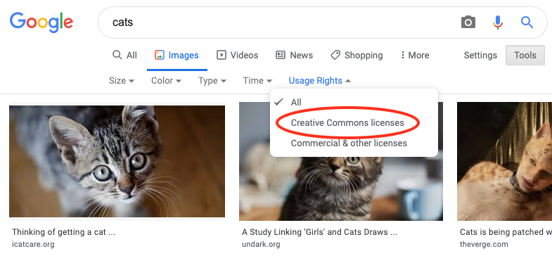 Example google images advanced search with dropdown menu showing "Creative Commons licenses" option